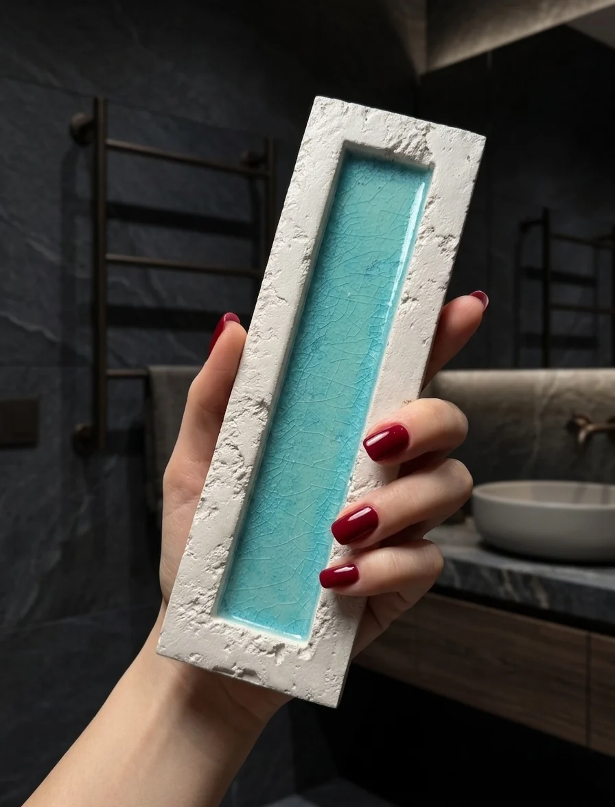 Płytki dekoracyjne łazienkowe 3D Natucer SUNRISE-W BLU 8x27cm. Kolor płytki to błyszczący turkus oraz rustykalna, biała ramka.