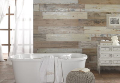 Płytki drewnopodobne łazienka - Peronda Unique. Łazienka z płytkami drewnopodobnymi, retro na ścianie.