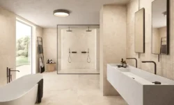 Płytki gresowe, jasnobeżowe, w łazience na podłodze i ścianie - Novabell Dusk Dune DSK42RT