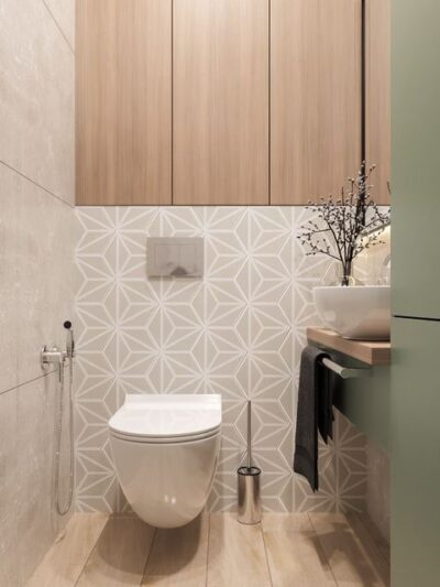 Płytki heksagonalne łazienka - Peronda Harmony Varadero Moonlight 19,8×22,8 cm. Łazienka z płytkami sześciokątnymi na ścianie i drewnopodobnymi na podłodze.