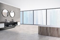 Płytki hiszpańskie lappato - Absolut Keramika Oleron Grey Lappato 80x80 cm. Łazienka z płytkami lappato na podłodze i ścianie.