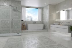 Płytki imitacja kamienia do łazienki - Absolut Keramika Java Grey 80x80 cm. Łazienka z jasnymi, hiszpańskimi płytkami Absolut Keramika Java Grey na podłodze i ścianie.