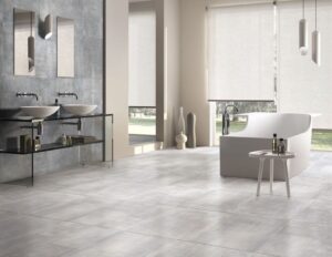 Płytki imitujące beton łazienka - Absolut Keramika Corfu G 60x60 cm. Łazienka z szarymi płytkami podłogowymi z efektem betonu Absolut Corfu G