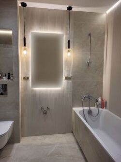 Płytki łazienkowe, beżowe, lamele - Harmony MARE SAND DECOR 32x90 R