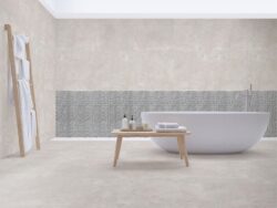 Płytki łazienkowe imitacja betonu - Absolut Keramika Nusa Pearl 80x80 cm. Hiszpańskie gresy imitujące beton na podłodze i ścianie w łazience.