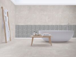 Płytki łazienkowe imitacja betonu - Absolut Keramika Nusa Pearl 80×80 cm. Hiszpańskie gresy imitujące beton na podłodze i ścianie w łazience.