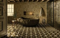 Płytki patchwork łazienka - Peronda FS Star Night 45x45 cm. Płytki łazienkowe z czarnym tłem i białymi gwiazdkami na podłodze w ciemnej łazience.