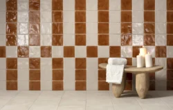 Płytki rustykalne kwadratowe 12x12cm ścienne w łązience na ścianie - Harmony HANA SAND 12x12