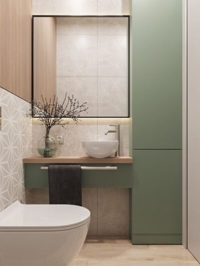 Płytki sześciokątne łazienka - Peronda Harmony Varadero Moonlight 19,8×22,8 cm. Łazienka z heksagonami jasnoszarymi na ścianie, zielone meble.