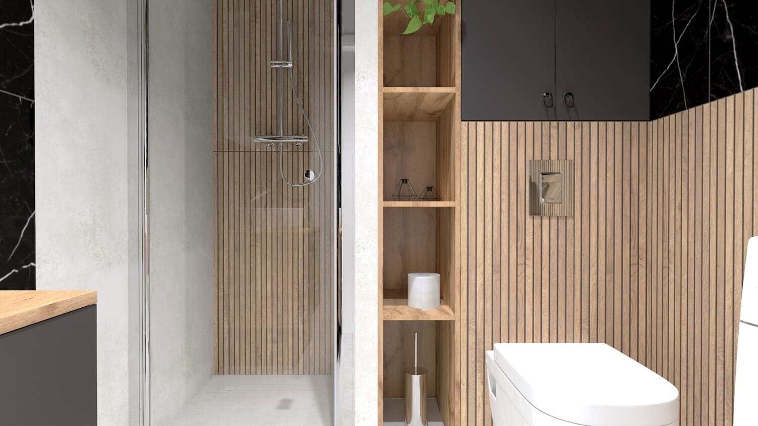 Projekt łazienki, lamele - wizualizacja. Łazienka z płytkami imitującymi drewniane lamele - prysznic i ubikacja.