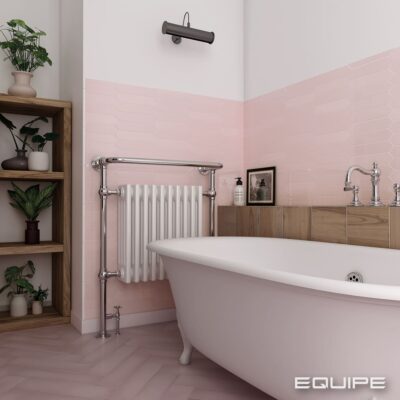 Różowe kafelki łazienkowe - Equipe Arrow Blush Pink 5x25 cm. Płytki do łazienki na ścianę z połyskiem.