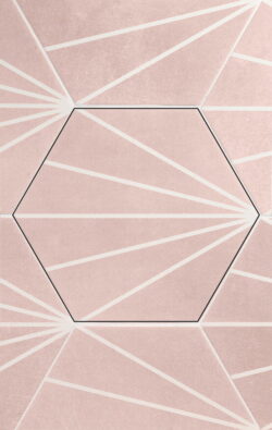 Różowe płytki heksagon, dekoracyjne z białymi paskami, APE Klen sunny rose quartz w rozmiarze 23x26 cm na podłogę lub ścianę.