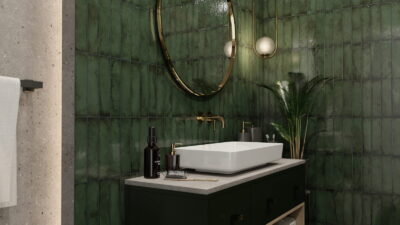 Zielona łazienka z hiszpańskimi płytkami w małym formacie, Peronda Harmony SUNSET GREEN 6x25 cm