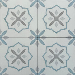 Kafelki podłogowe, rustykalne - Peronda Harmony SIROCCO BLUE CROSS 22,3x22,3 cm. Płytki z niebiesko - szarym wzorem na podłogę.