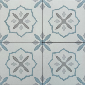 Kafelki podłogowe, rustykalne - Peronda Harmony SIROCCO BLUE CROSS 22,3x22,3 cm. Płytki z niebiesko - szarym wzorem na podłogę.