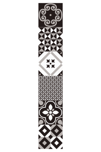 Kafle patchwork - Absolut Keramika Samoa 15x90 cm. Płytka dekoracyjna, patchworkowa na podłogę i ścianę z czarno - biało - szarym wzorem. Płytki hiszpańskie do kuchni, salonu, łazienki.
