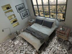 Patchwork płytki podłogowe - Absolut Keramika Baffin decor lappato 60x60. Hiszpańska płytka dekoracyjna, patchwork na podłodze w sypialni