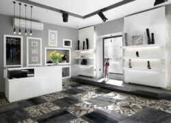 Gres szkliwiony patchwork - Absolut Keramika Baffin decor lappato 60x60 cm. Podłoga w płytkach patchwork z beżowo, biało, czarnym wzorem.