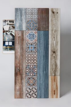 Płytki podłogowe - Absolut Keramika Tuvalu 15x90cm i Absolut Keramika Vannatu 15x90cm. Hiszpańskie płytki patchworkowe, dekoracyjne w połączeniu z płytkami drewnopodobnymi Absolut Keramika Vannatu