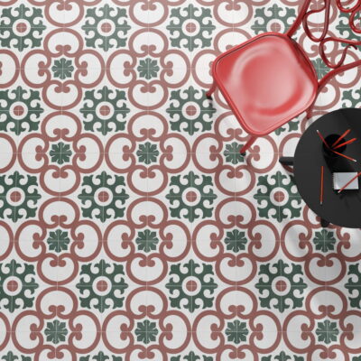Wzory podłogi z płytek - Aruba Dahlia 22,3x22,3cm . Podłoga z hiszpańskich płytek ceramicznych z wielokolorowym ornamentem. Kafelki Peronda Harmony.