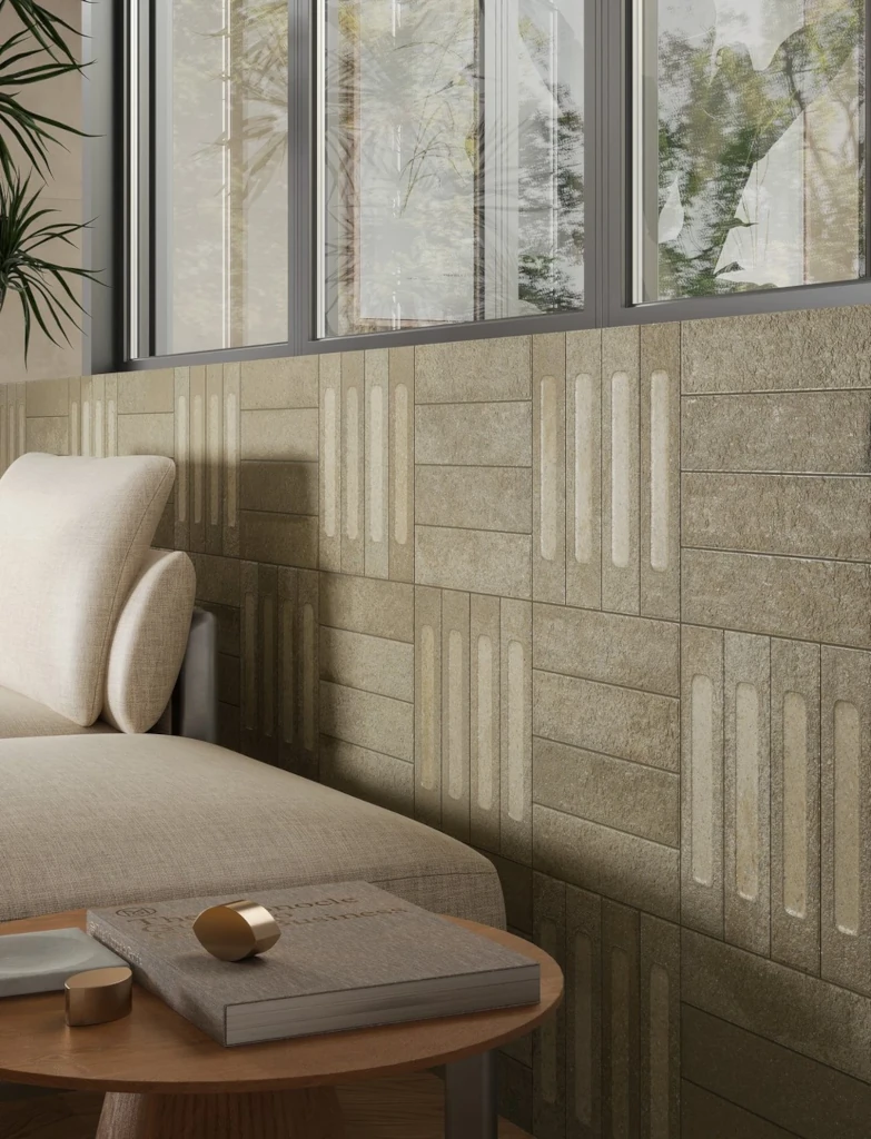 Płytki ceglane szarozielone dekor ściana Marca Corona Miniature Fornace Formella Verde Muschio 6x24cm J423