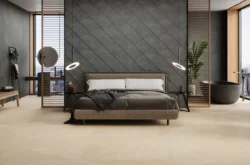 CAESAR Slab2 Khaki 60X60 RT beżowa płytka gres jak łupek na podłodze w sypialni.