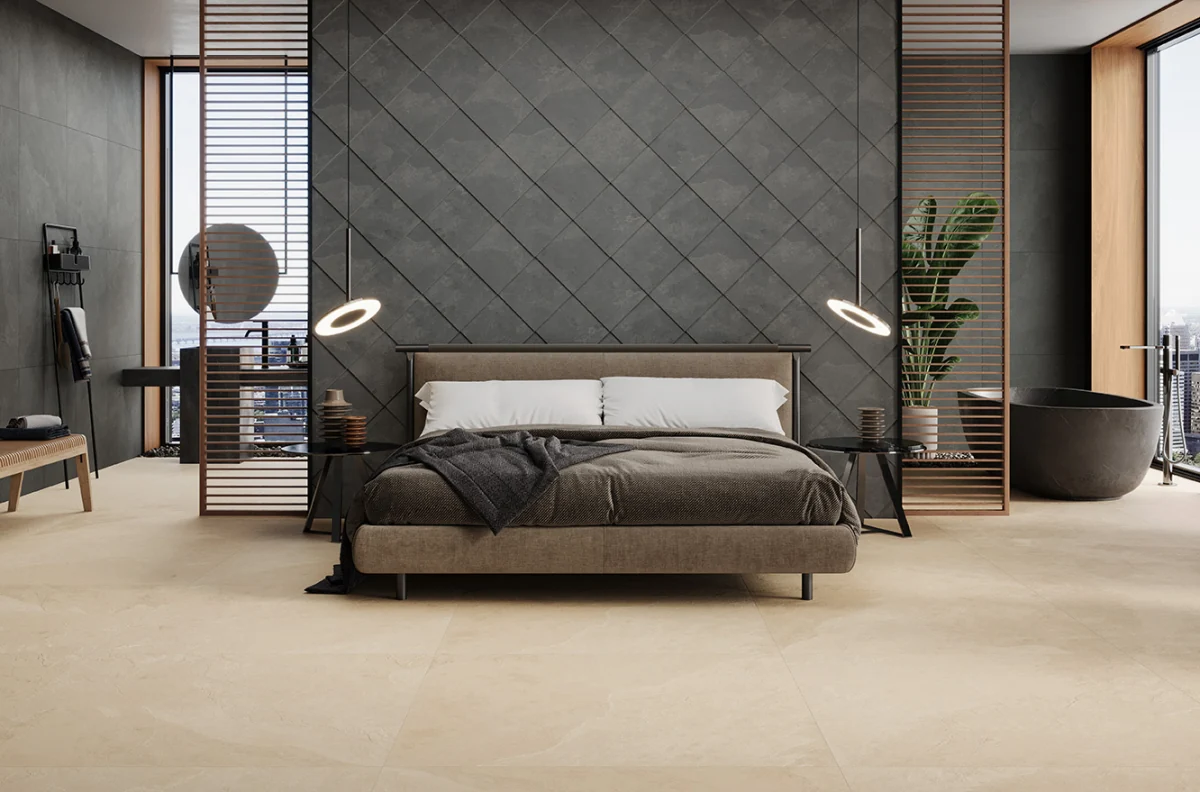 CAESAR Slab2 Khaki 60X60 RT beżowa płytka gres jak łupek na podłodze w sypialni.