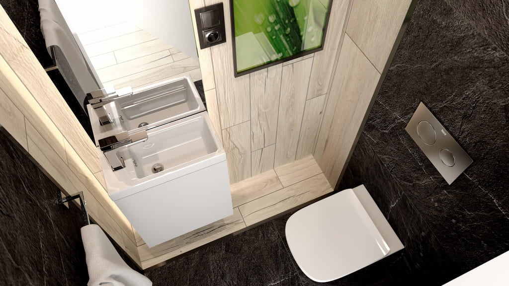 Architekt wnętrz - łazienka. Fotorealistyczna wizualizacja łazienki z czarnymi, kamiennymi płytkami na podłodze i ścianie oraz jasnymi płytkami przypominającymi drewno.