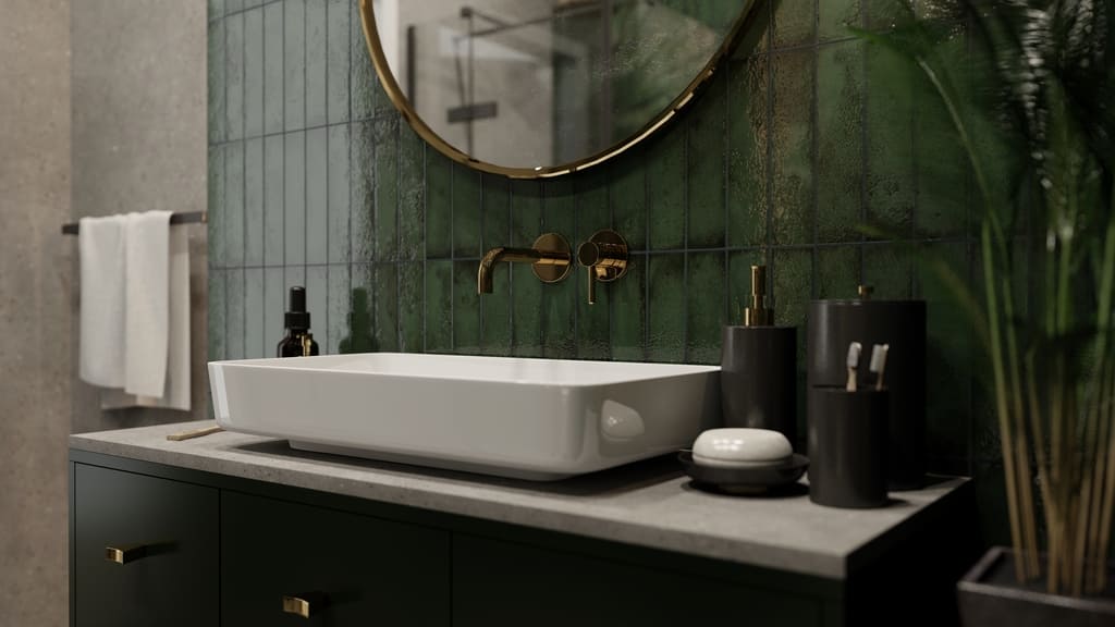 Projekt łazienki - Wizualizacja. Zielone cegiełki ścienne, szare lastryko na ścianie, biała umywalka i czarna szafka łazienkowa.