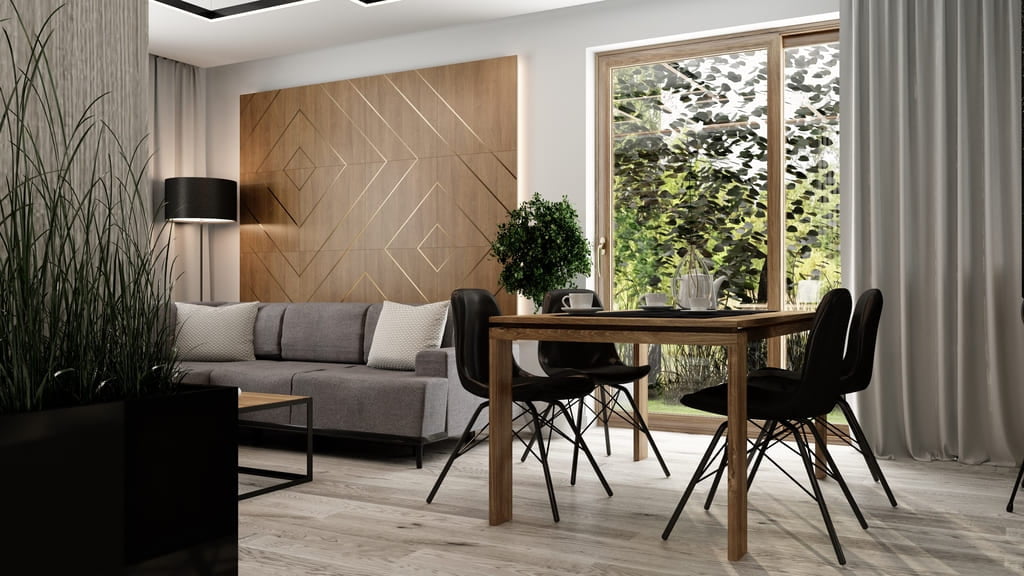 Projekty wnętrz - Salon. Panele drewniane z listwami mosiężnymi na ścianie za kanapą w salonie.