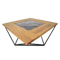 Stolik kawowy dębowy - Diamond Oak. Nowoczesny, kwadratowy stolik z metalowymi nogami i blatem z drewna i granitu.