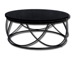 Stolik kawowy okrągły - PLAITED (Star Galaxy). Ozdobny stolik do salony z blatem czarnym, granitowym i metalowymi splecionymi nogami.