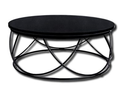 Stolik kawowy okrągły - PLAITED (Star Galaxy). Ozdobny stolik do salony z blatem czarnym, granitowym i metalowymi splecionymi nogami.